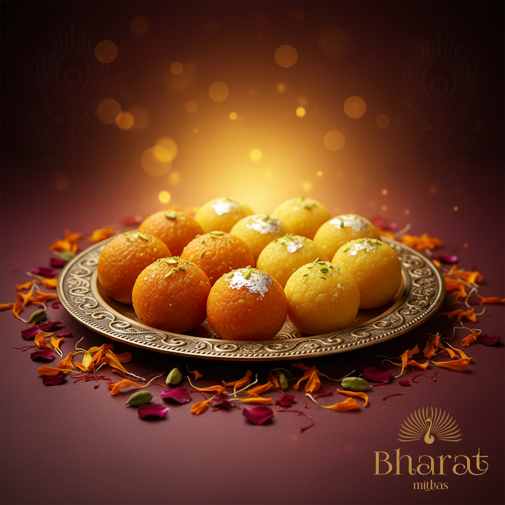 Elegant Motichoor Ladoo and Besan Ladoo arranged on ornate brass thali for Hanuman Jayanti prasad – Bharat Mithas