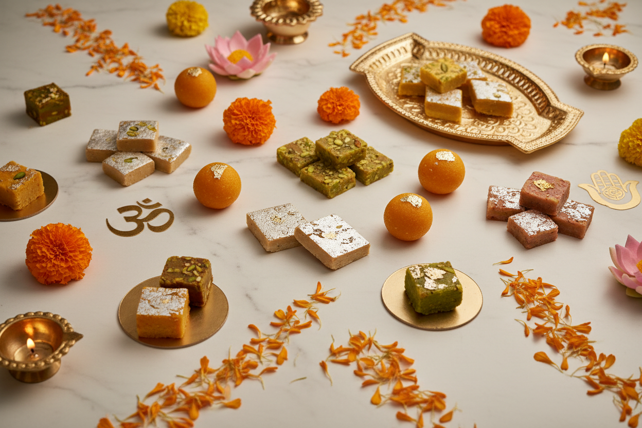 Premium Indian sweets including Besan Ladoo and Kaju Katli in a luxury gift hamper with marigold flowers for Mahavir Jayanti 2026 – Bharat Mithas