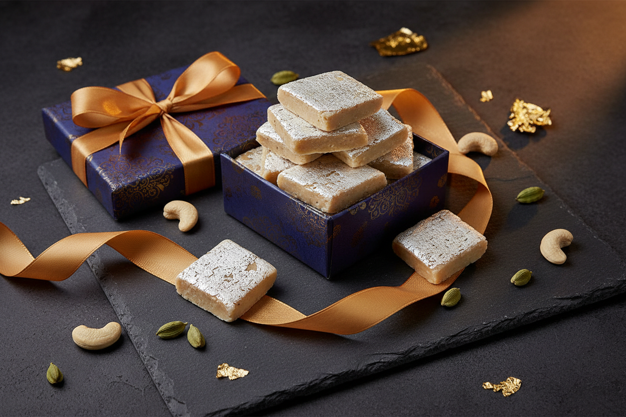Premium Kaju Katli cashew barfi in a luxury gold gift box with silver vark, scattered cashews and cardamom – Bharat Mithas Indian sweets